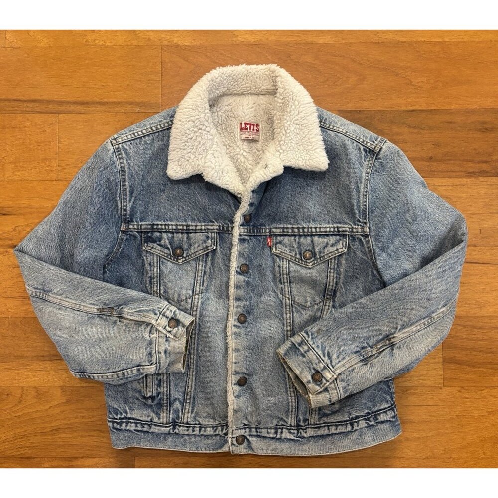 VTG 80's Levi's Denim Jacket Made USA Mens Sz 44 Blue Sherpa Lined Button Front
